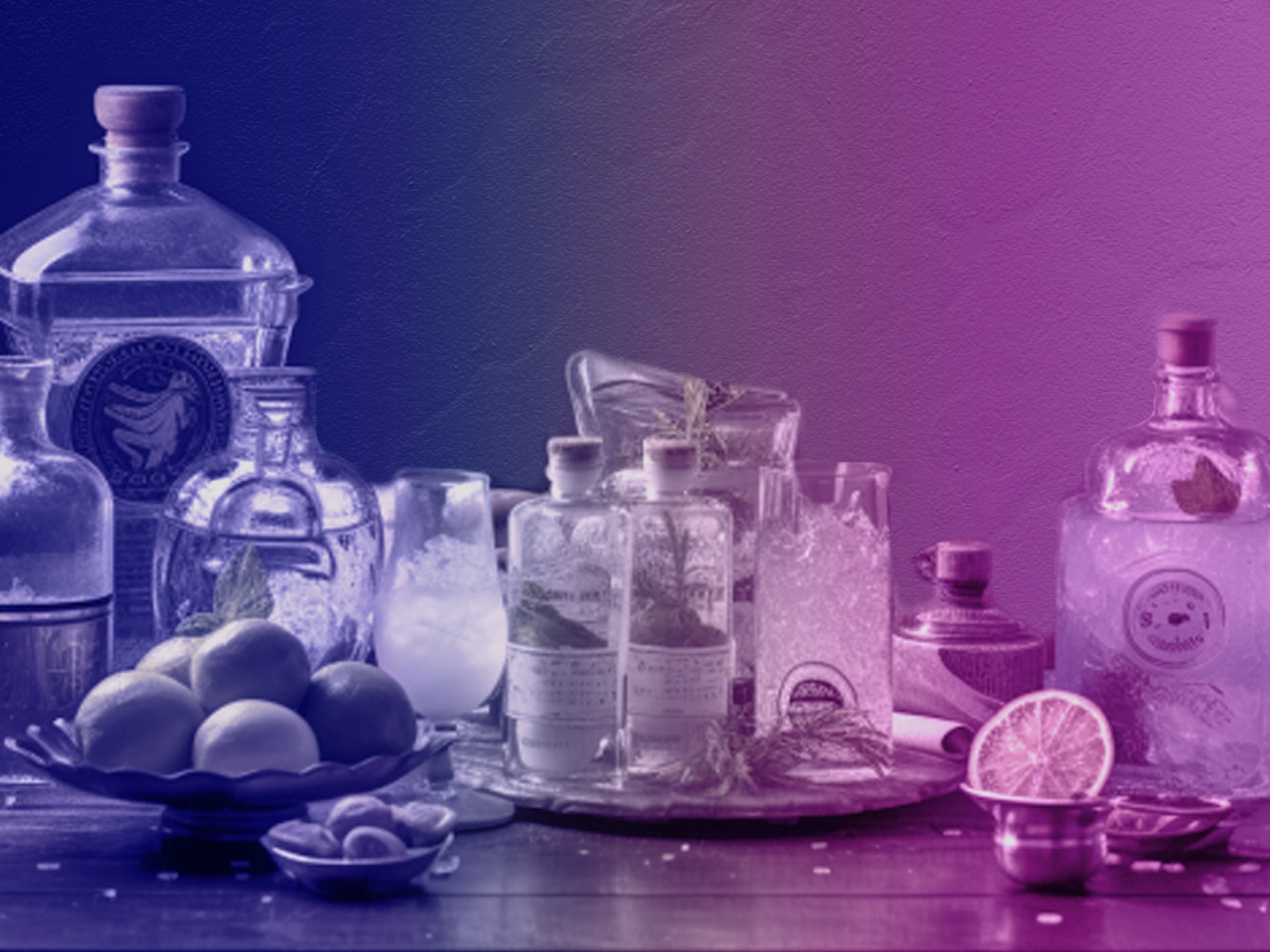 Verschiedene Gin-Flaschen und Zutaten für eine Gin-Verkostung auf einem Tisch.