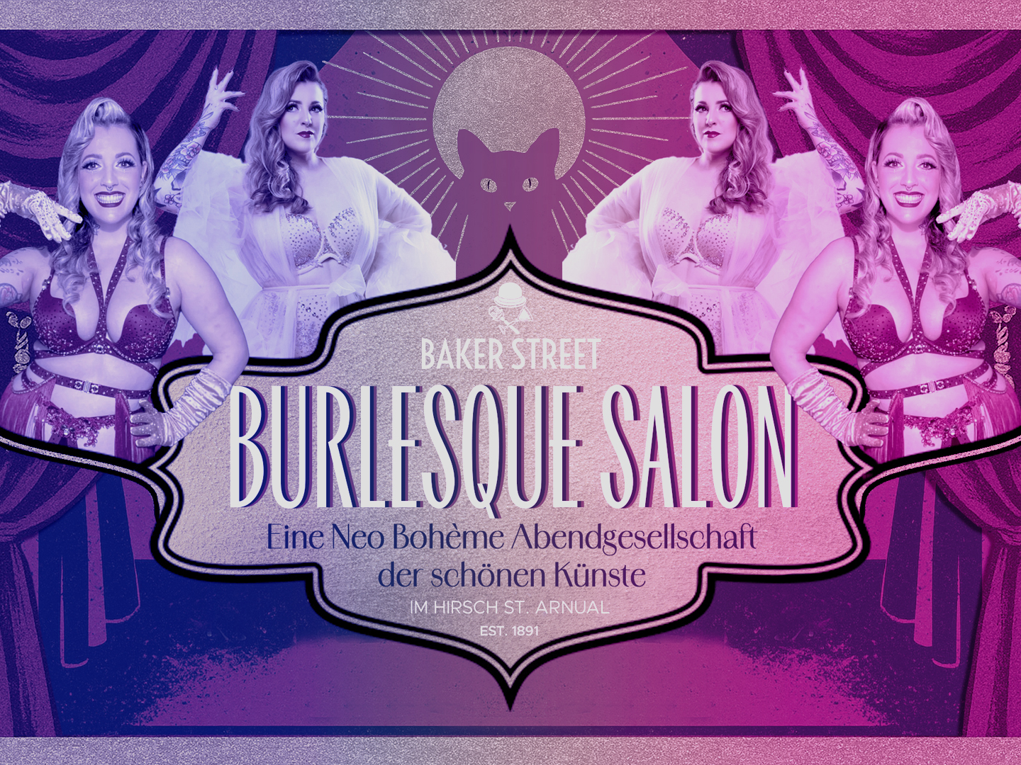 Grafik für den Burlesque Salon mit mehreren Darstellerinnen in Kostümen und einem stilisierten Hintergrund.