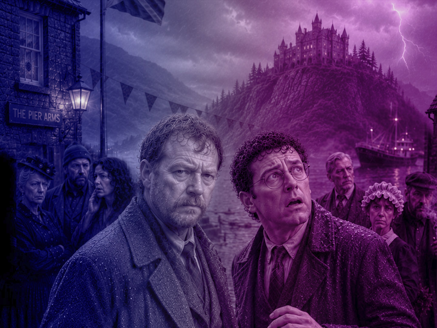 Düstere Krimiszene in Violett mit mehreren verdächtigen Personen, Gewitterhimmel, Schloss auf dem Hügel und dem Schild „The Pier Arms“.
