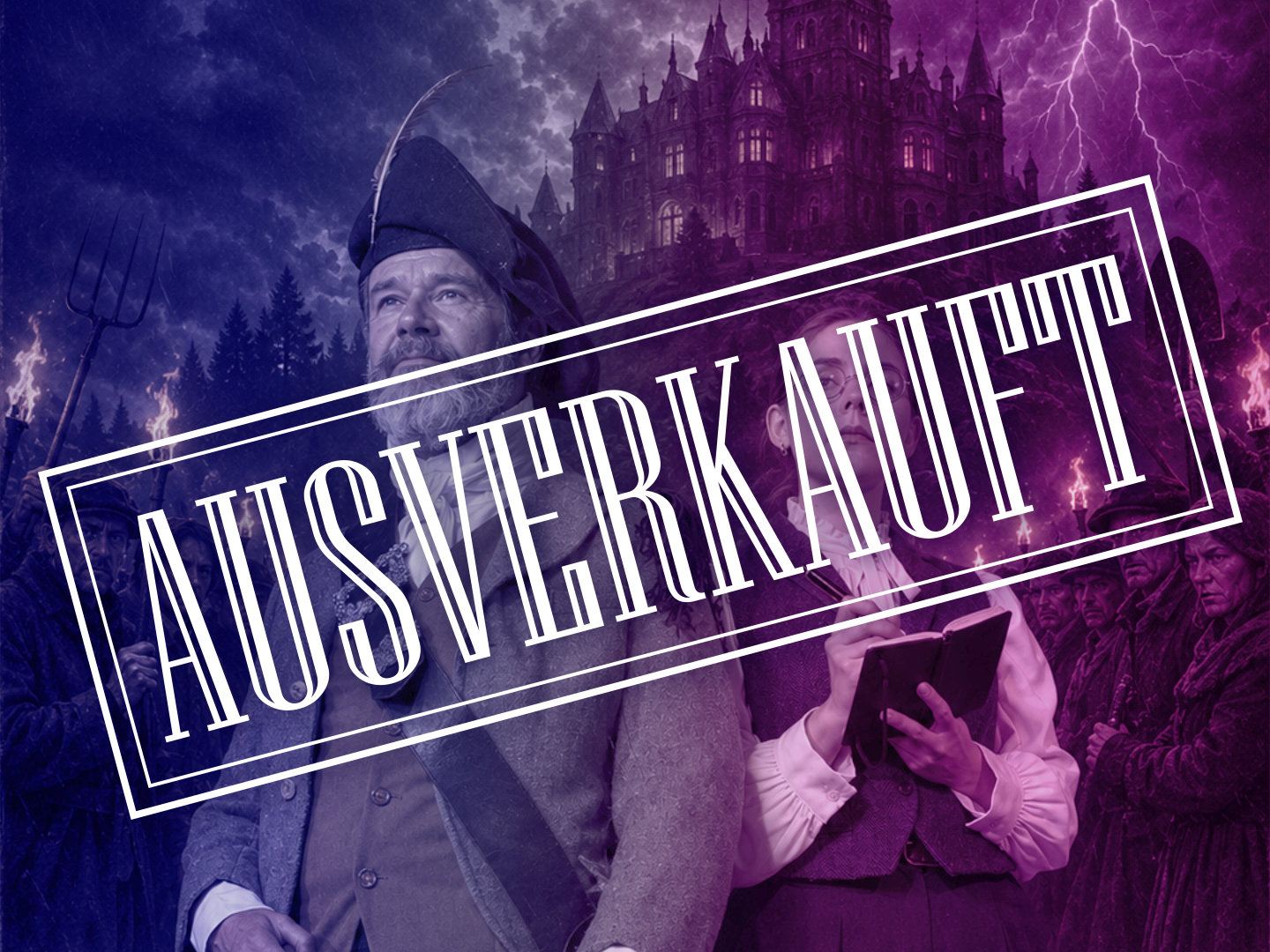 Dramatische Highlandkrimi-Szene mit bewaffnetem Ermittler, viktorianischem Schloss und großem Schriftzug „AUSVERKAUFT“