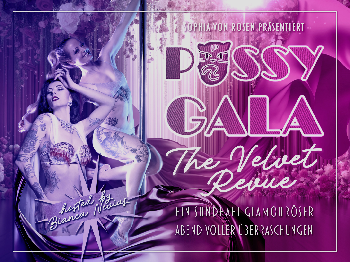 Plakat für die Pussy Gala mit dem Titel 'The Velvet Revue', präsentiert von Sophia von Rosen und gehostet von Bianca Neuwirth.