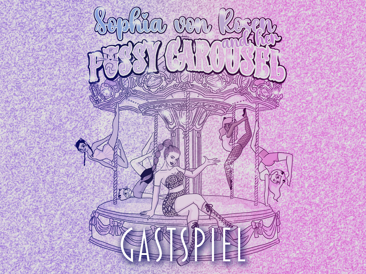 Illustration eines Karussells mit Tänzerinnen in verschiedenen Posen und dem Titel 'Pussy Carousel'.