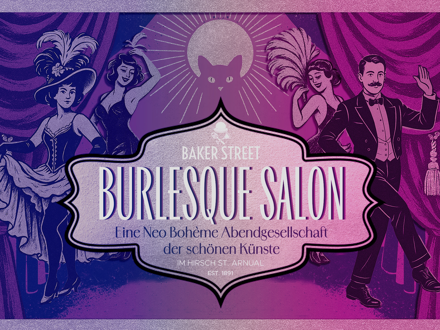 Grafik des Burlesque Salons mit stilisierten Figuren und einem zentralen Schriftzug.
