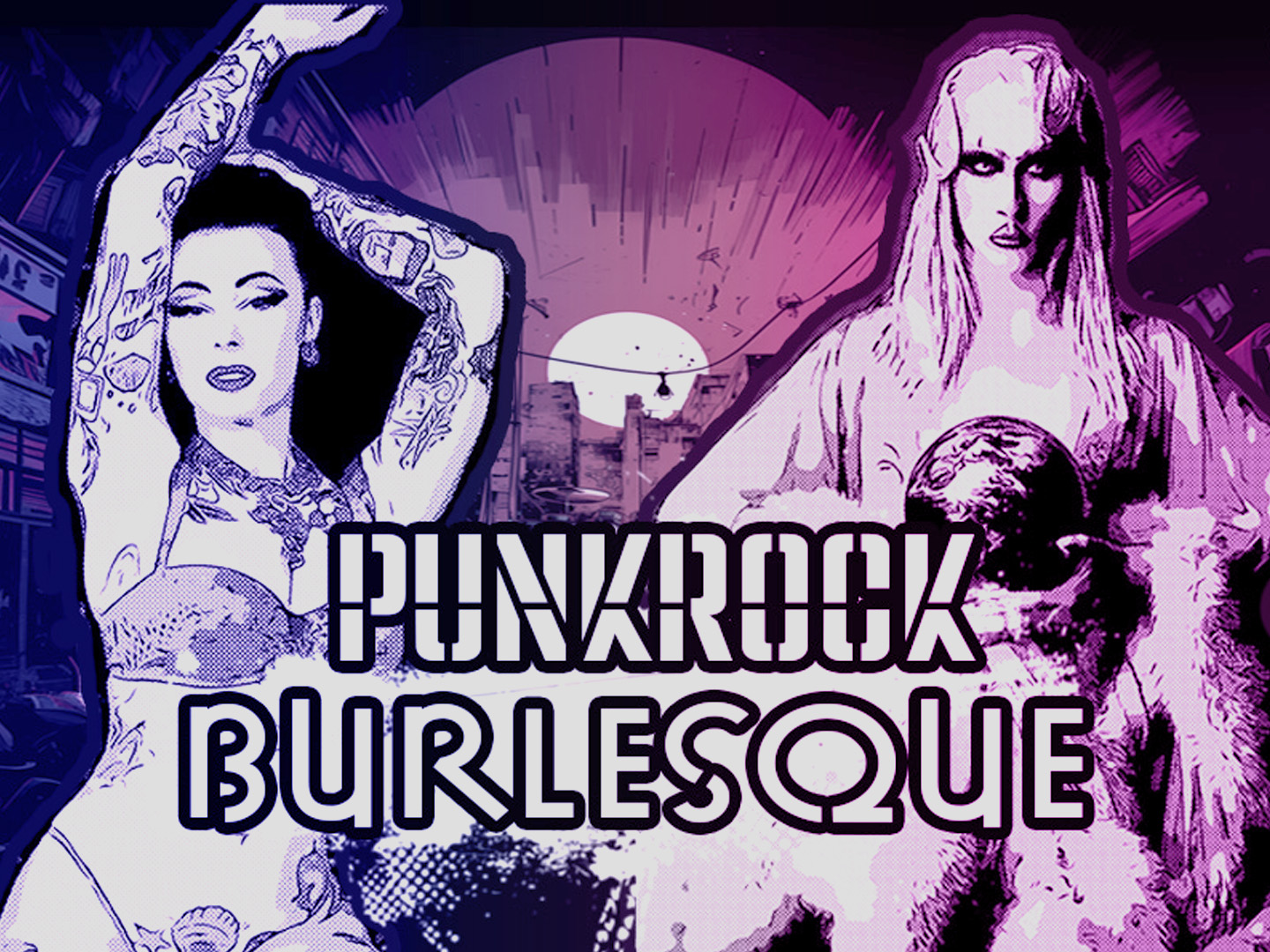 Zwei Burlesque-Tänzerinnen in punkrock-inspirierten Outfits auf einem grafischen Hintergrund.