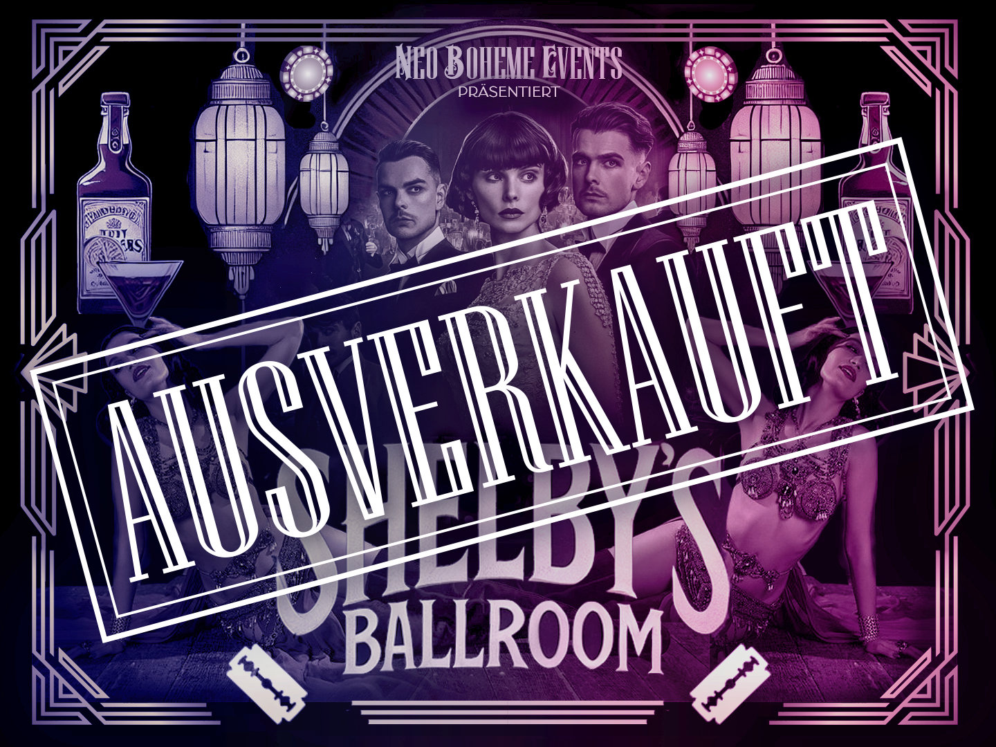 Event-Plakat für Shelby's Ballroom mit dem Text 'AUSVERKAUFT' und verschiedenen abgebildeten Personen.