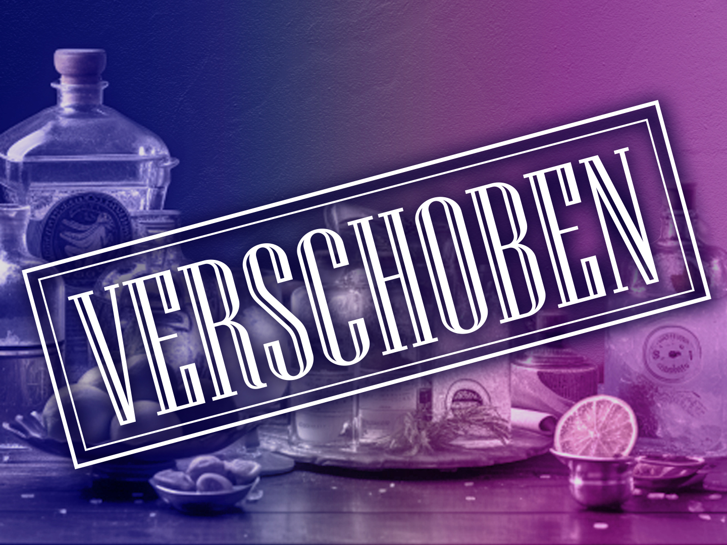 Ein Bild mit verschiedenen Gin-Flaschen und einem Schriftzug 'VERSCHOBEN' in der Mitte.