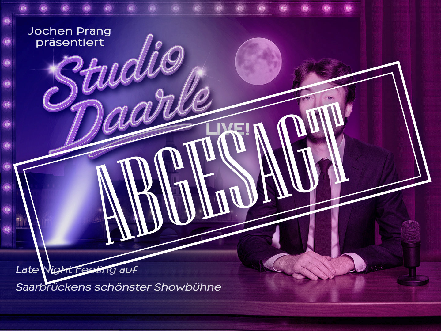 Grafik mit dem Text 'Studio Daarle' und dem Wort 'ABGESAGT' in roter Schrift auf lila Hintergrund.
