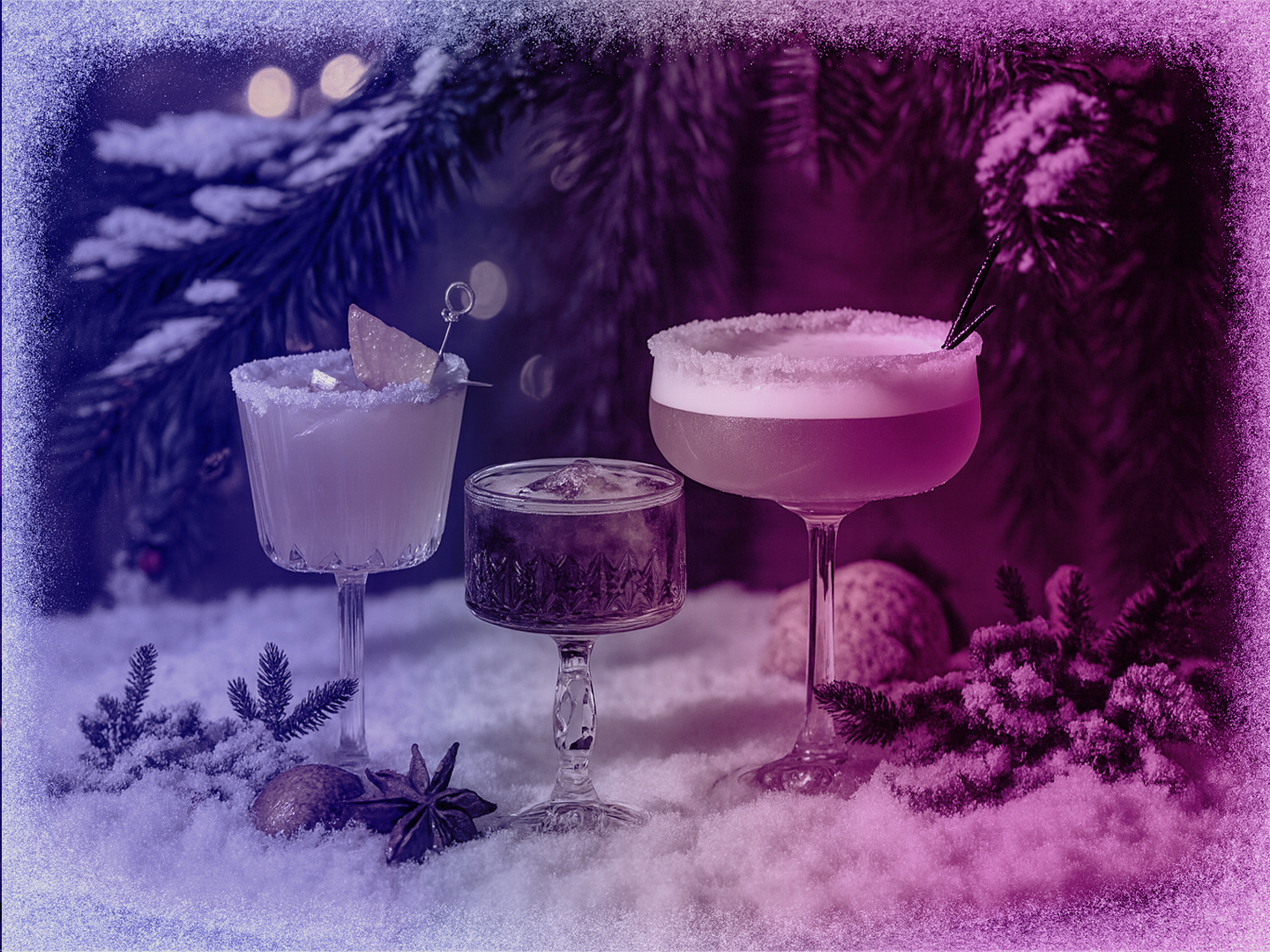 Drei Cocktails in unterschiedlichen Gläsern, dekoriert mit Schnee und Weihnachtsmotiven.