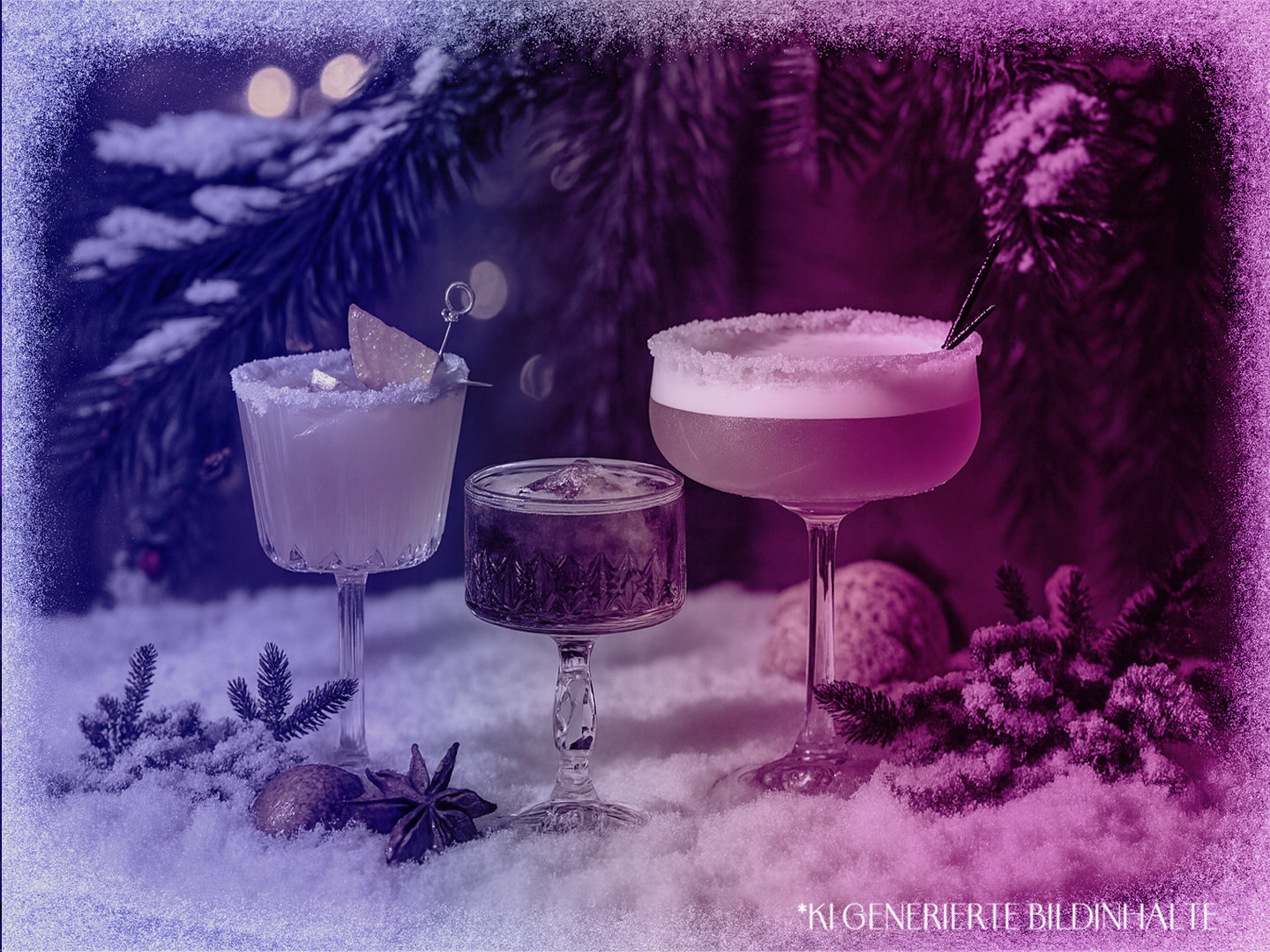 Drei winterlich dekorierte Cocktails mit Zitrusgarnitur und Gewürzen stehen im Schnee beim Cocktailtasting Weihnachtsspecial.