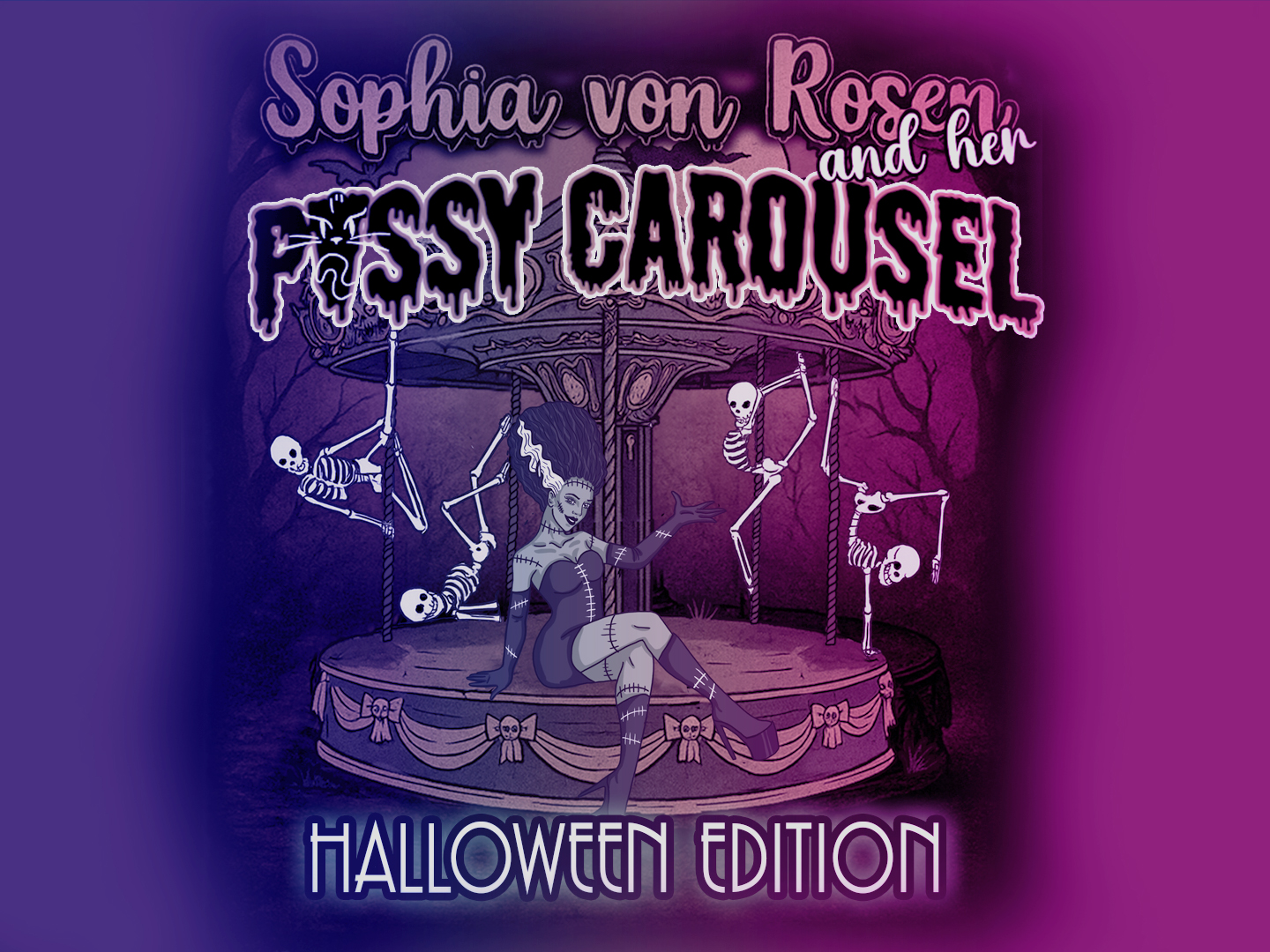 Grafik mit dem Titel 'Pussy Carousel Halloween Edition' und einer Karussell-Szene mit Skeletten.