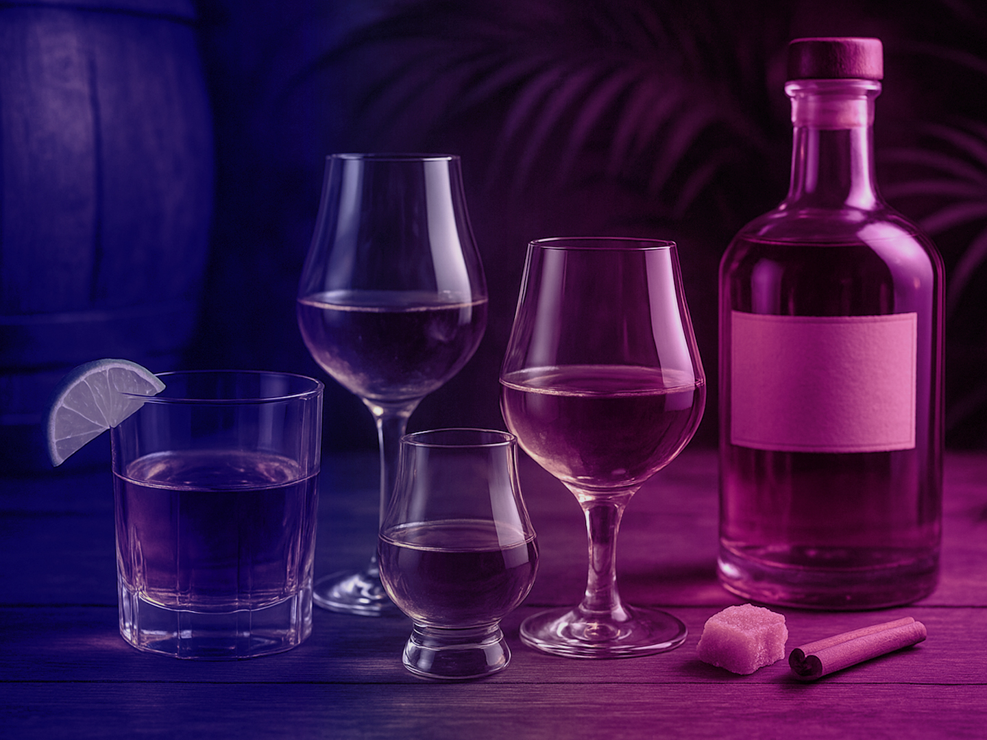 Verschiedene Gläser mit Rum und einer Flasche auf einem Tisch, beleuchtet in lila und pink.