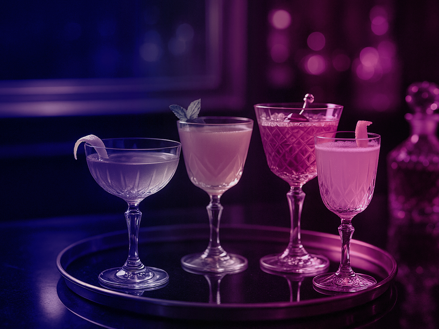 Vier Cocktails in eleganten Gläsern auf einem runden Tablett in gedämpftem Licht.
