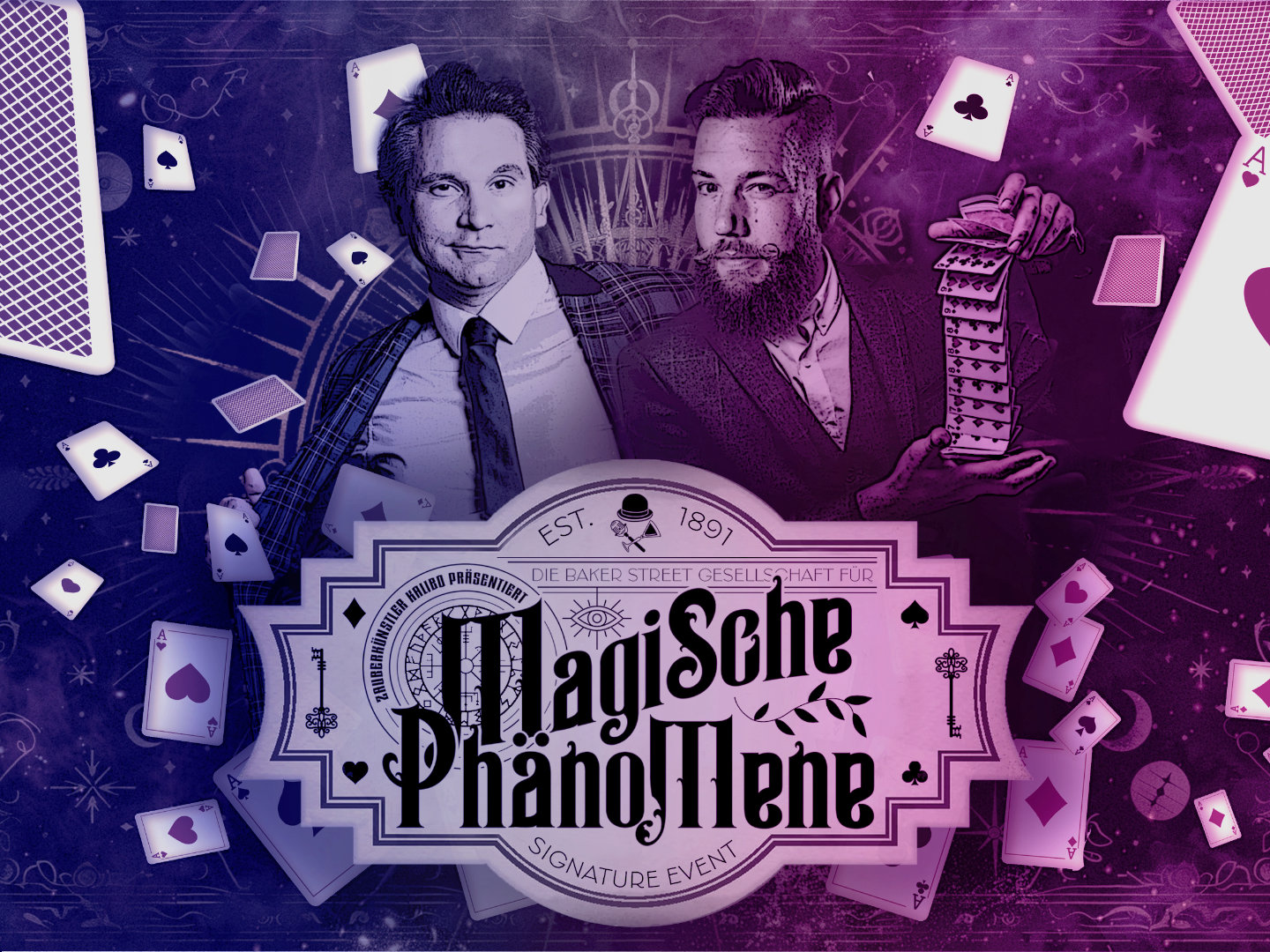 Plakat für das Event 'Magische Phänomene' mit zwei männlichen Magiern und Spielkarten.