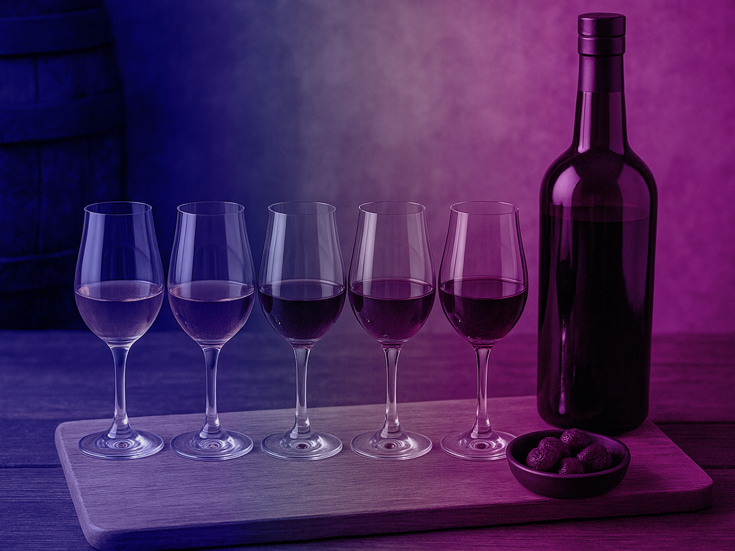 Eine Flasche Portwein steht neben fünf Weingläsern auf einem Holzbrett.