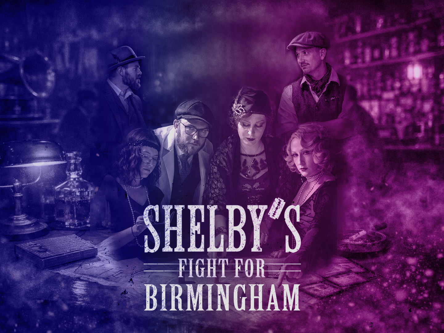 Grafik mit dem Titel 'Shelby's Fight for Birmingham', zeigt mehrere Personen in historischer Kleidung.
