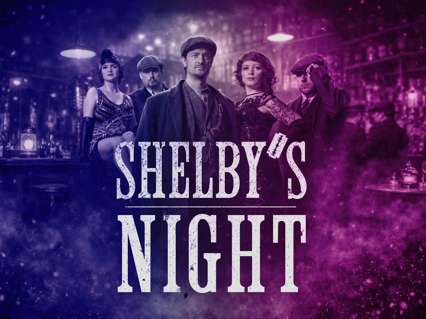Event-Poster für Shelby's Night mit fünf Personen in historischer Kleidung vor einer Bar.