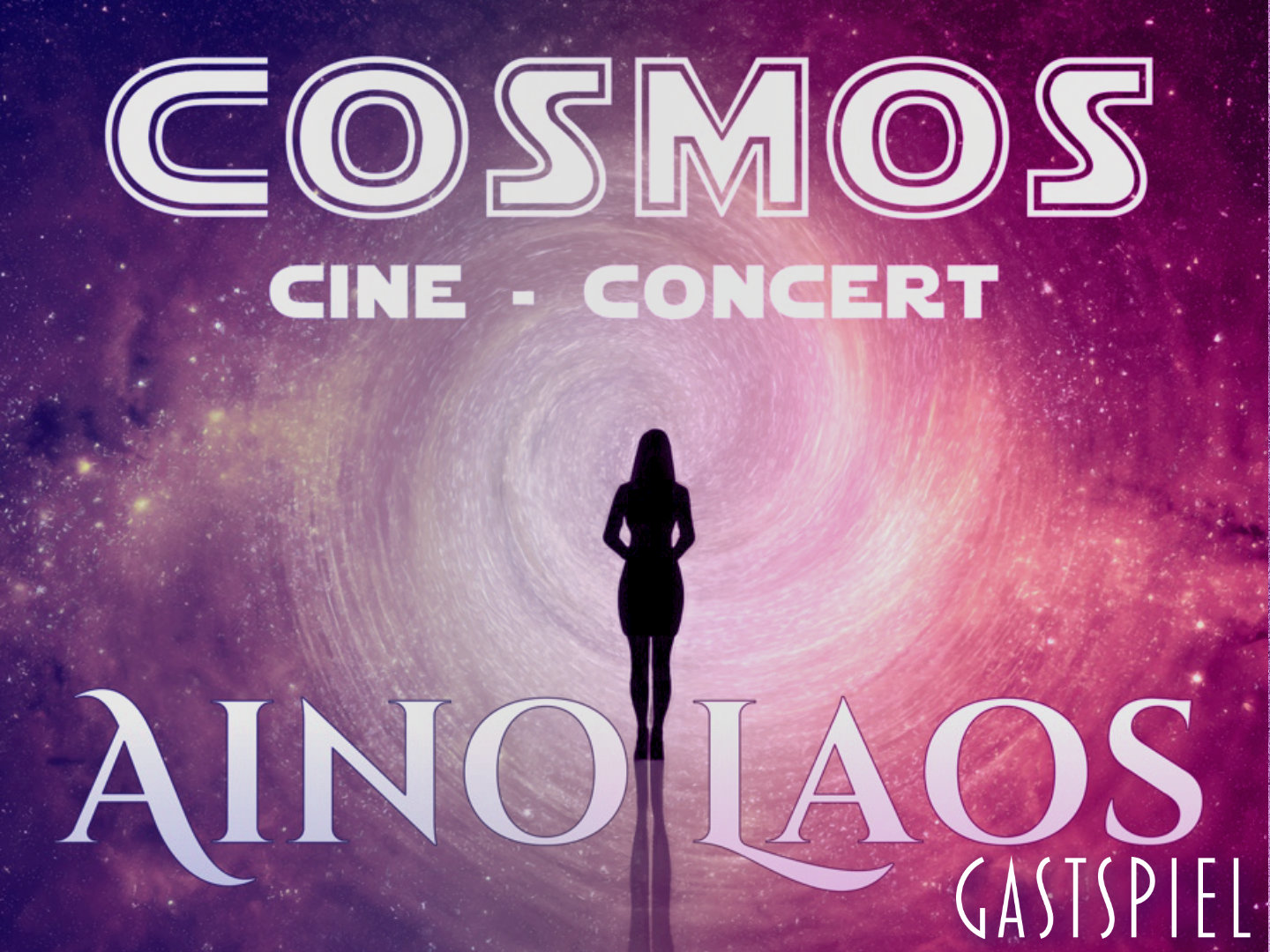 Plakat für das Cine-Concert 'Cosmos' mit der Silhouette einer Person vor einem spiralförmigen Hintergrund.