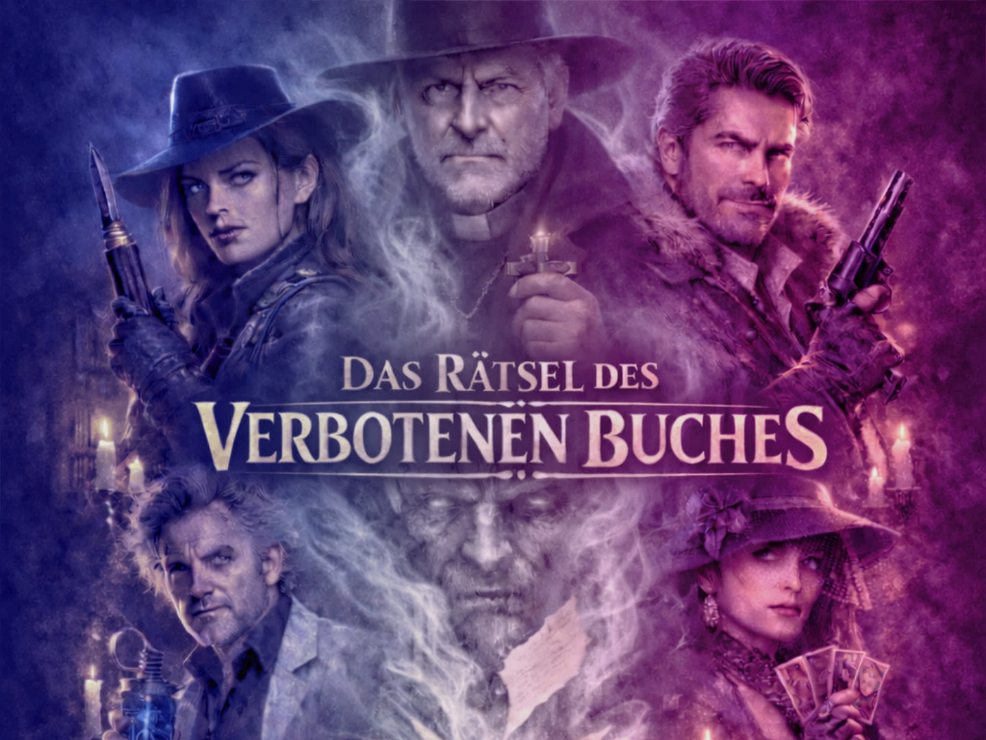 „Das Rätsel des Verbotenen Buches“ in violetter Typografie mit Rauchwolken, Kerzenschein und dramatischen Figuren im magischen Licht