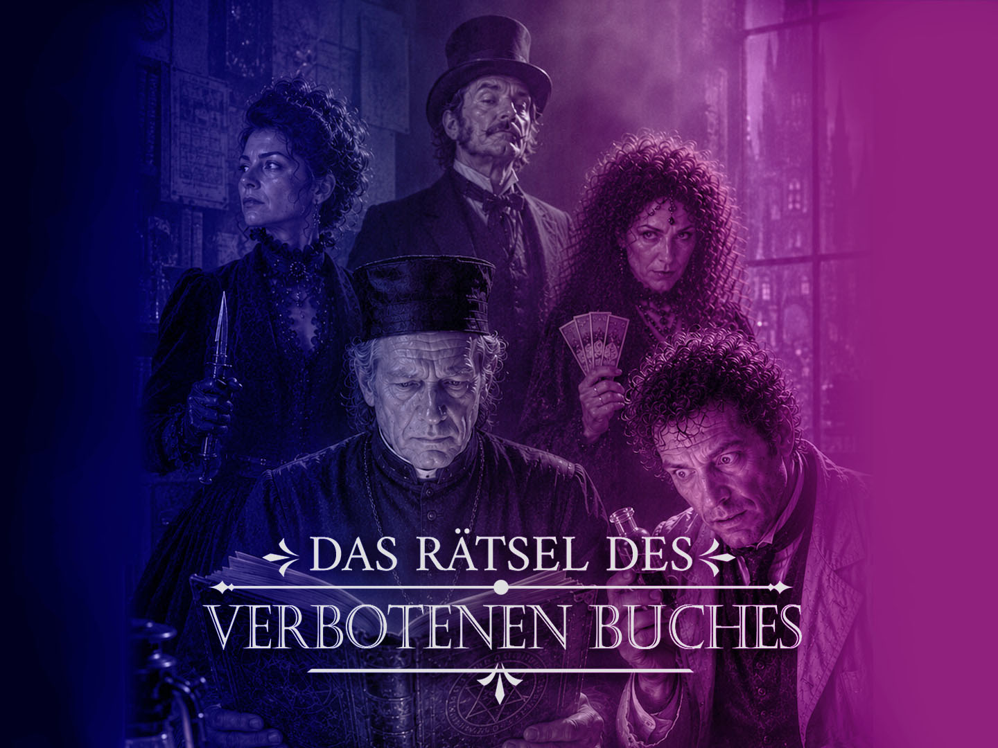 Das Rätsel des Verbotenen Buches: düsteres Illustrationsmotiv mit mehreren Figuren, Spielkarten und Hut, in blau-lila Farbverlauf.