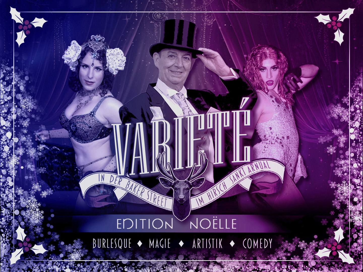 Plakat für Varieté-Event mit Künstlern in Burlesque-Kostümen und einem Mann im Zylinder.