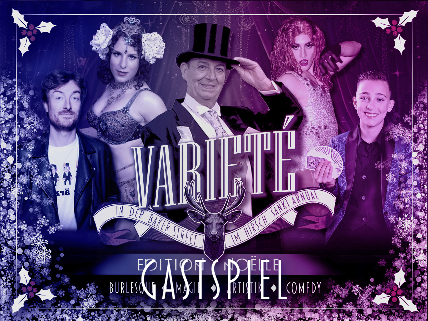 Plakat für Varieté-Event mit verschiedenen Künstlern und dem Titel 'Varieté' in der Baker Street St. Arnual.