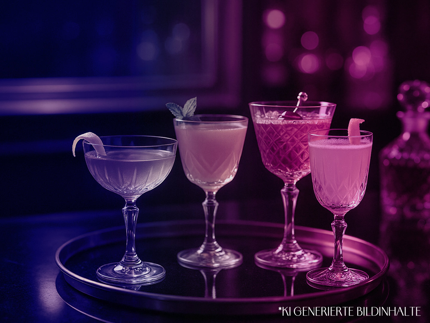 Vier kunstvoll präsentierte Cocktails in Kristallgläsern auf einem Tablett beim Whiskytasting im Baker Street Saarbrücken