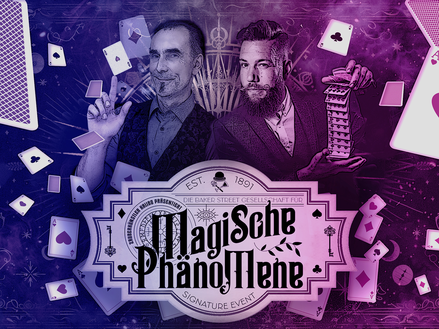 Grafik für das Event 'Magische Phänomene' mit zwei Magiern und Spielkarten im Hintergrund.