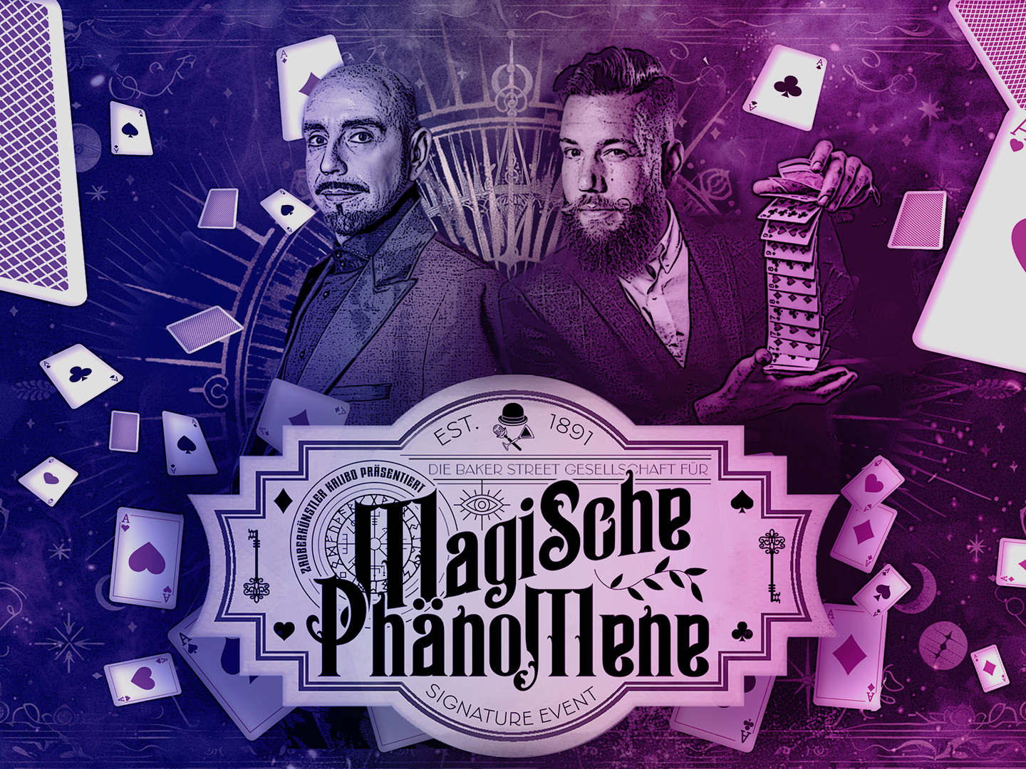 Plakat für das Event 'Magische Phänomene' mit zwei Magiern und Spielkarten im Hintergrund.