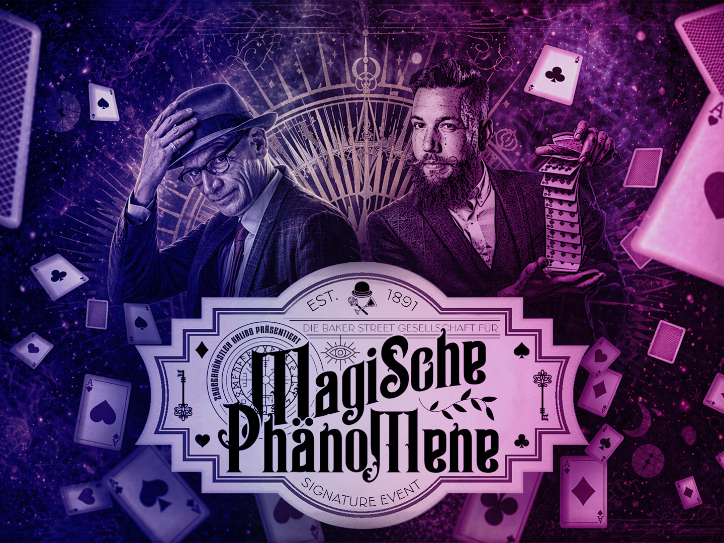 Lila Zauberer-Illustrationen mit Spielkarten, magischem Graffiti-Design und funkelnden Effekten, darunter der Schriftzug Magische Phänomene.