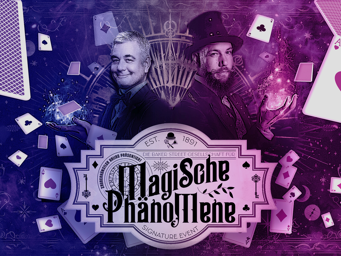 Grafik für das Event 'Magische Phänomene' mit zwei Magiern und Spielkarten auf lila Hintergrund.