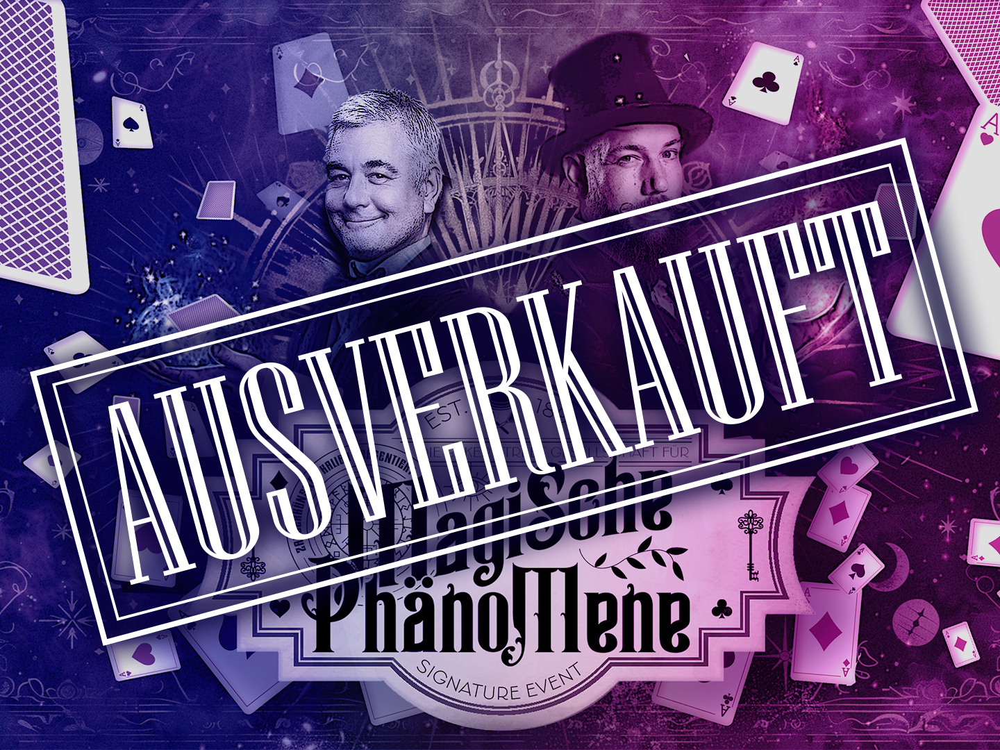 Grafik für das Event 'Magische Phänomene' mit zwei Männern und Spielkarten im Hintergrund.