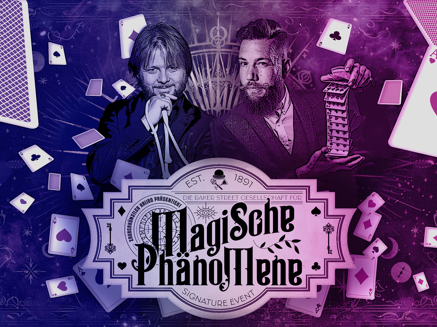 Plakat für das Event 'Magische Phänomene' mit zwei Magiern und Spielkarten im Hintergrund.