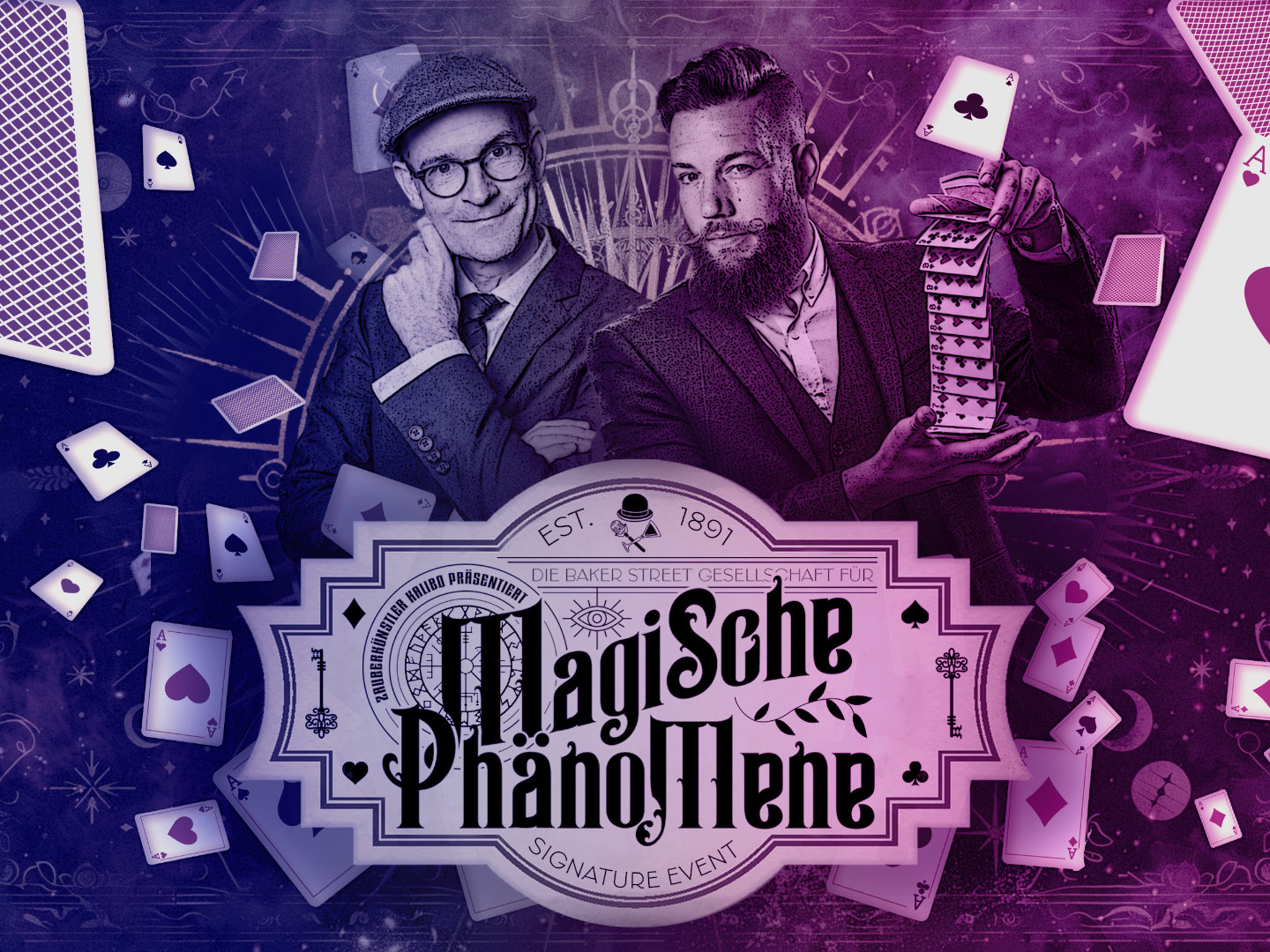 Zwei Zauberkünstler posieren mit einem Kartenstapel; der Schriftzug „Magische Phänomene“ kündigt Kalibos magischen Abend an.