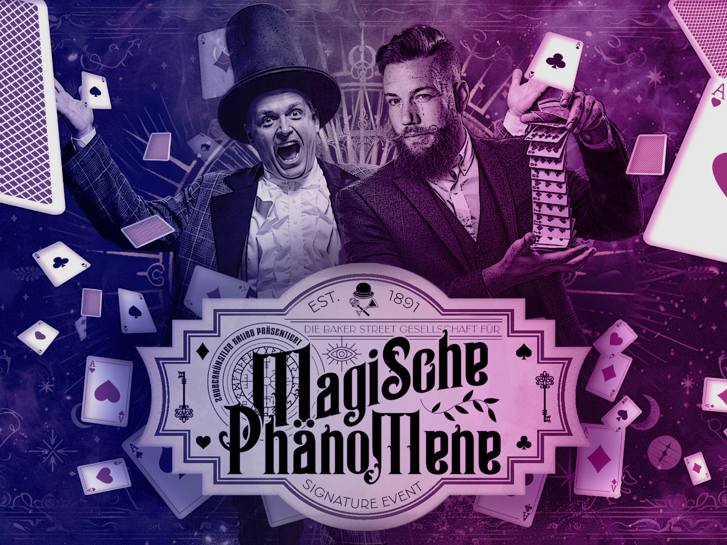 Zwei Zauberkünstler präsentieren Spielkarten neben dem Schriftzug „Magische Phänomene“ in einer Salonmagie-Grafik.