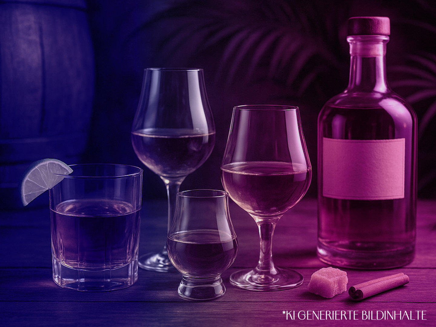 Whiskytasting mit sechs Whisky-Abfüllungen: gefüllte Gläser und eine Flasche stehen stimmungsvoll auf einem Holztisch.