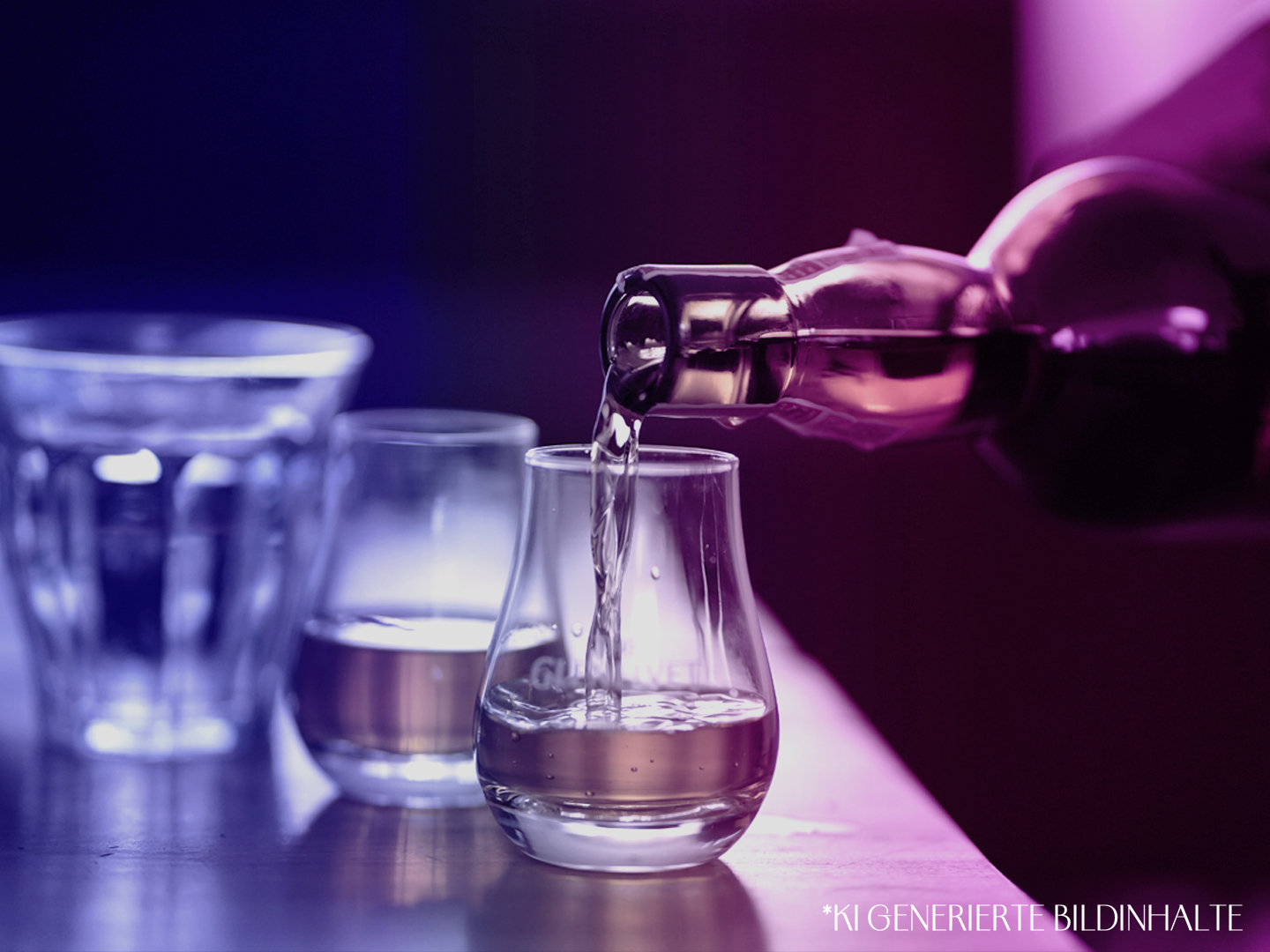 Whiskytasting mit sechs Whisky-Abfüllungen: Whisky wird in ein Glas gegossen, während weitere Gläser bereitstehen.