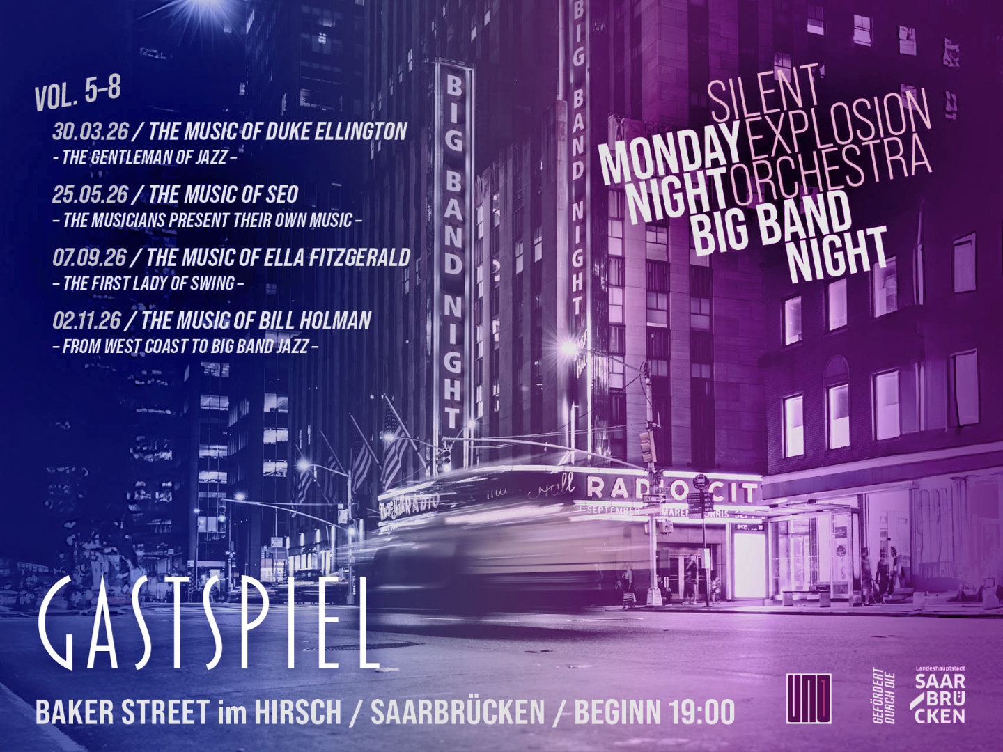 Lila und blaue Konzertankündigung mit „Monday Explosion Nightorchester“ und „Big Band Night“ sowie Datumsblöcken für mehrere Big-Band-Abende.