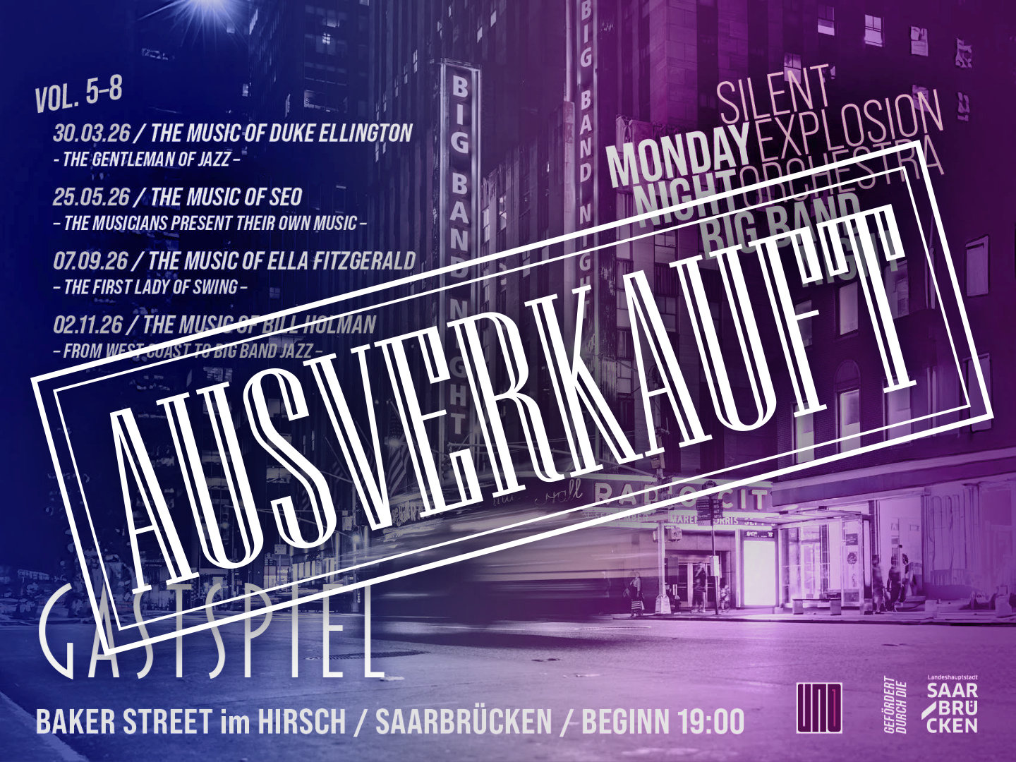 Plakat für Monday Night Big Band Night mit Silent Explosion Orchestra und Ella Fitzgerald am 7. September 2026 in Saarbrücken