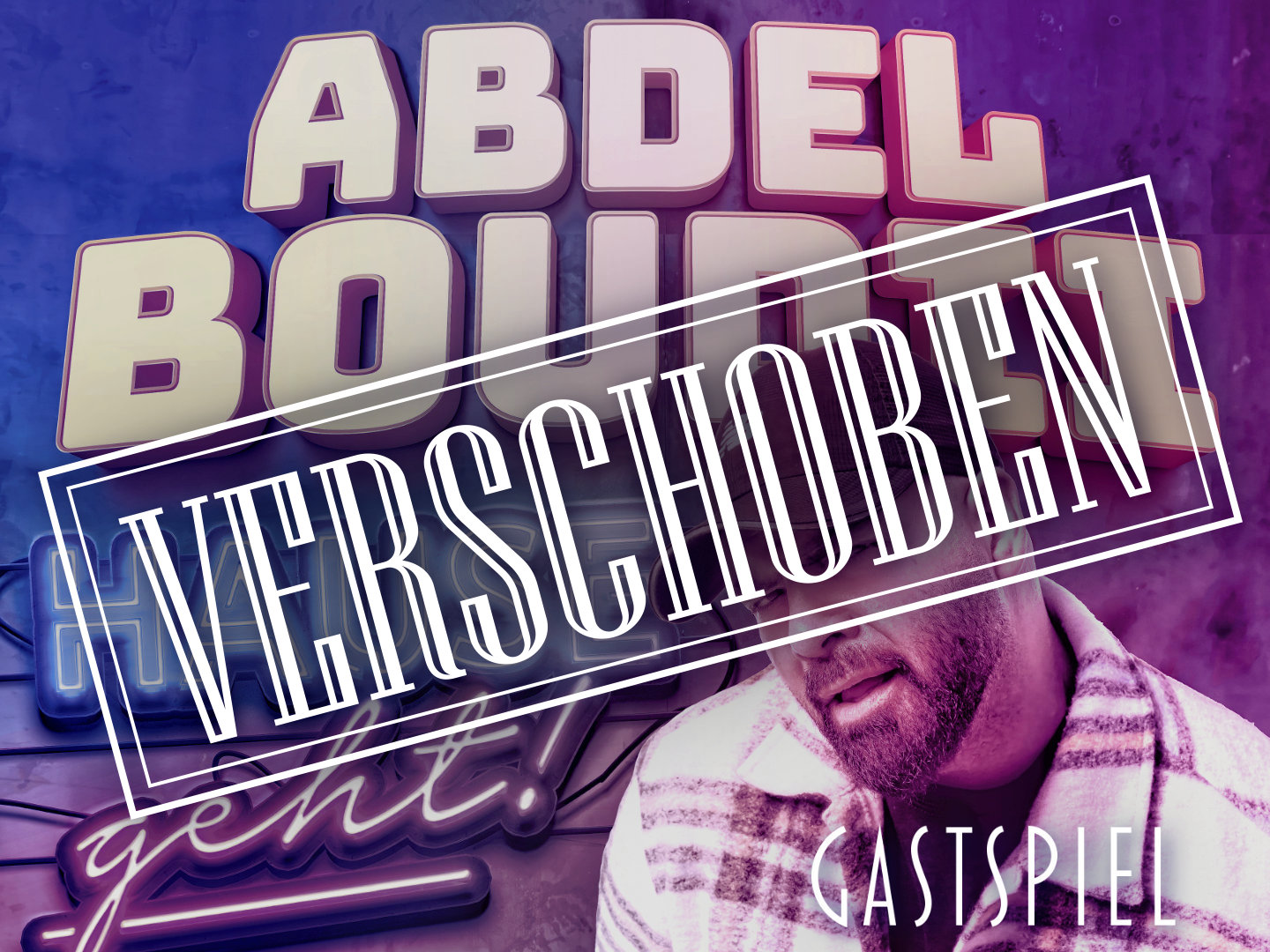 Abdel Boudi VS Plakat mit blau-violettem Neon-Schriftzug, „HIRSCH ST. ARNUAL“ und „Baker Street im“, markanten Typo-Elementen
