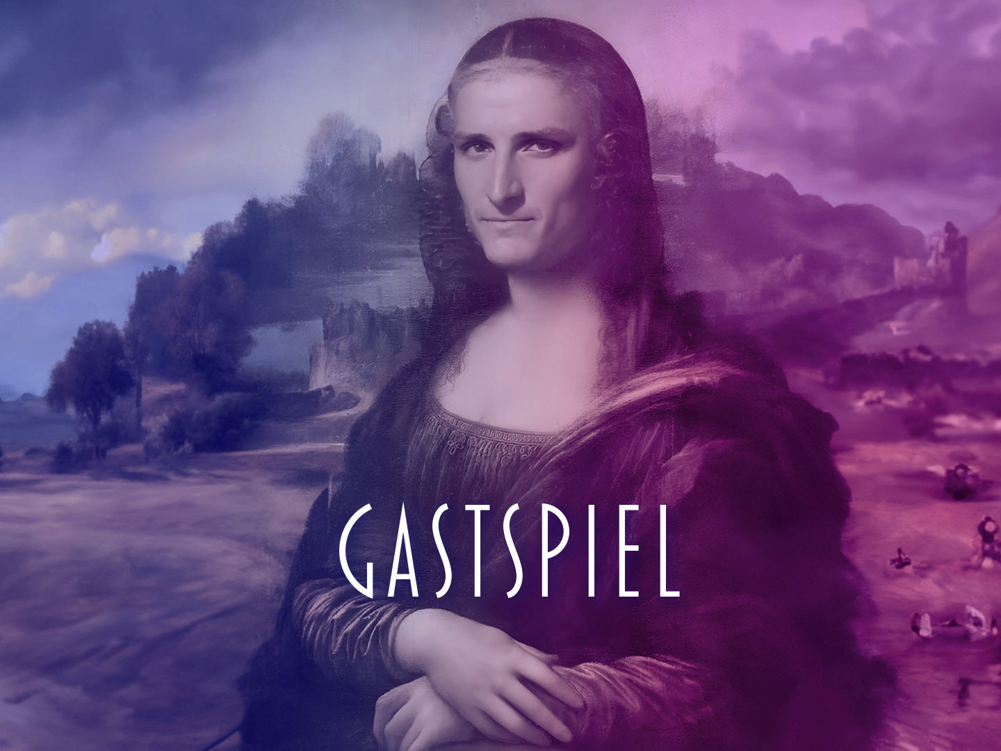 Kunstwerk, das die Mona Lisa mit einem menschlichen Gesicht und dem Schriftzug 'Gastspiel' zeigt.