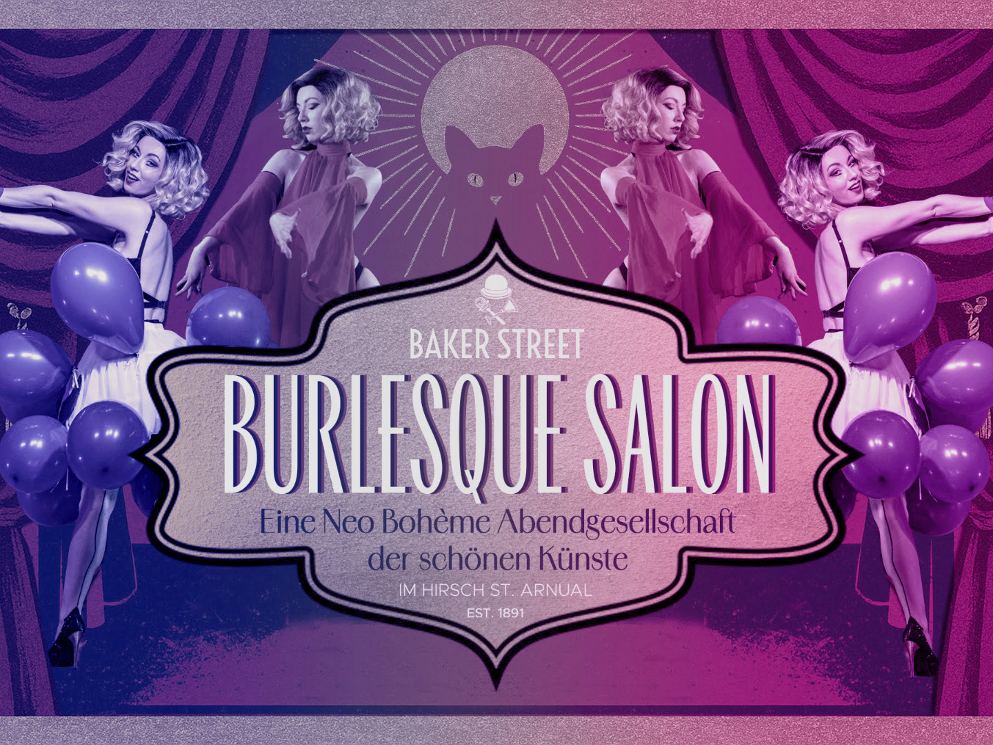 Grafik für den Burlesque Salon mit stilisierten Darstellungen von Tänzerinnen und Ballons in einem festlichen Design.