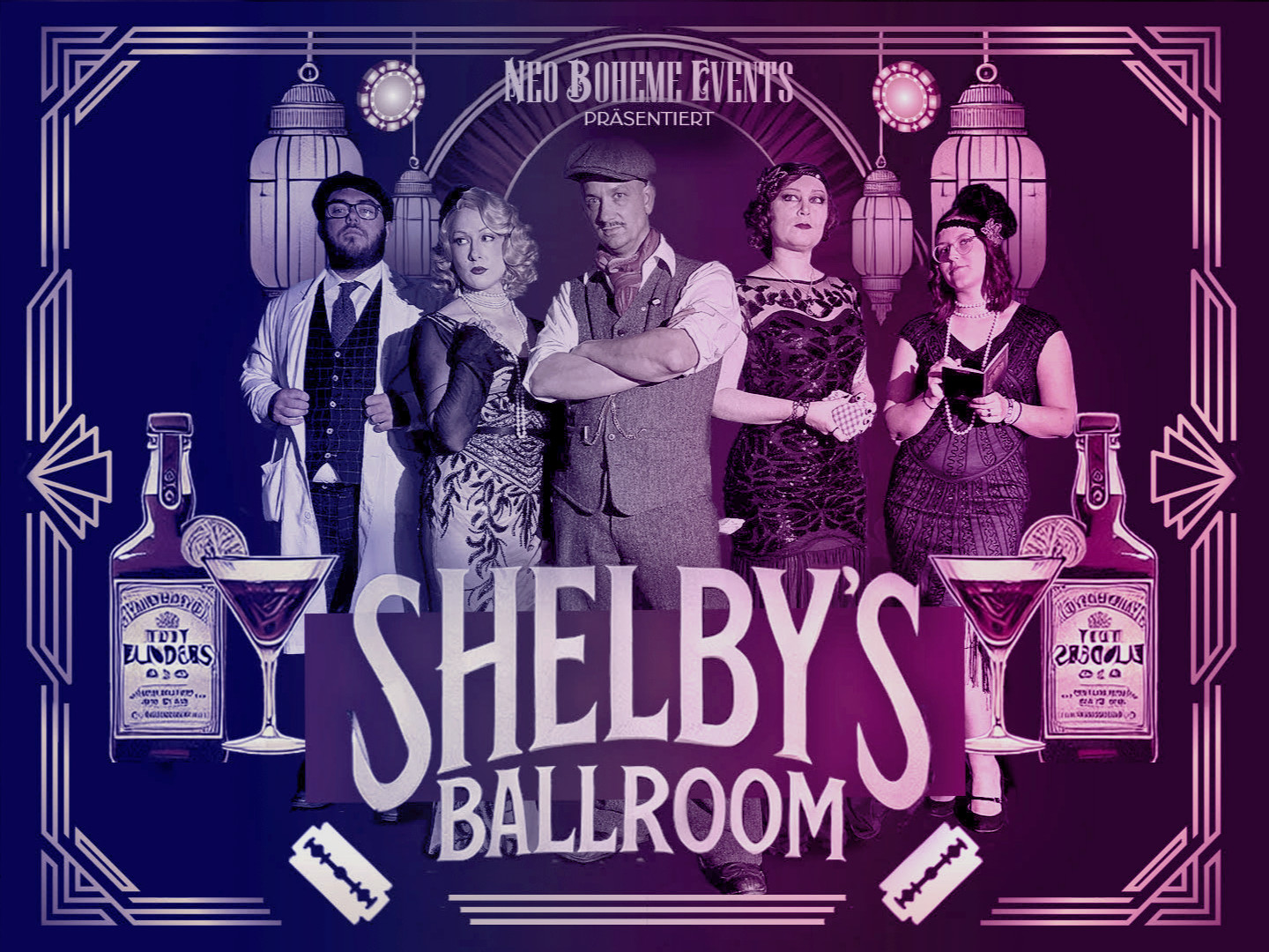 Grafik mit dem Titel 'Shelby's Ballroom' und fünf Personen in stilvollen Outfits, umgeben von Cocktailgläsern und Dekoration.