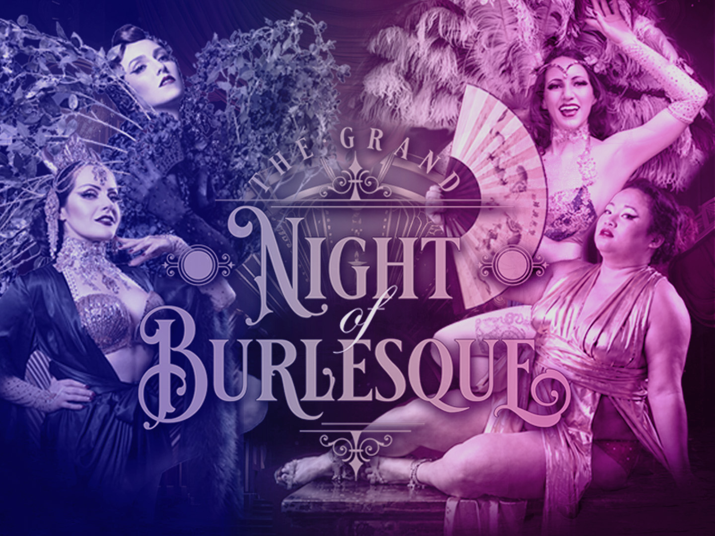 Lila-blaues Burlesque-Eventplakat mit dem Schriftzug „Night of Burlesque“ und Tänzerinnen in glamourösen Posen mit Federflügeln.
