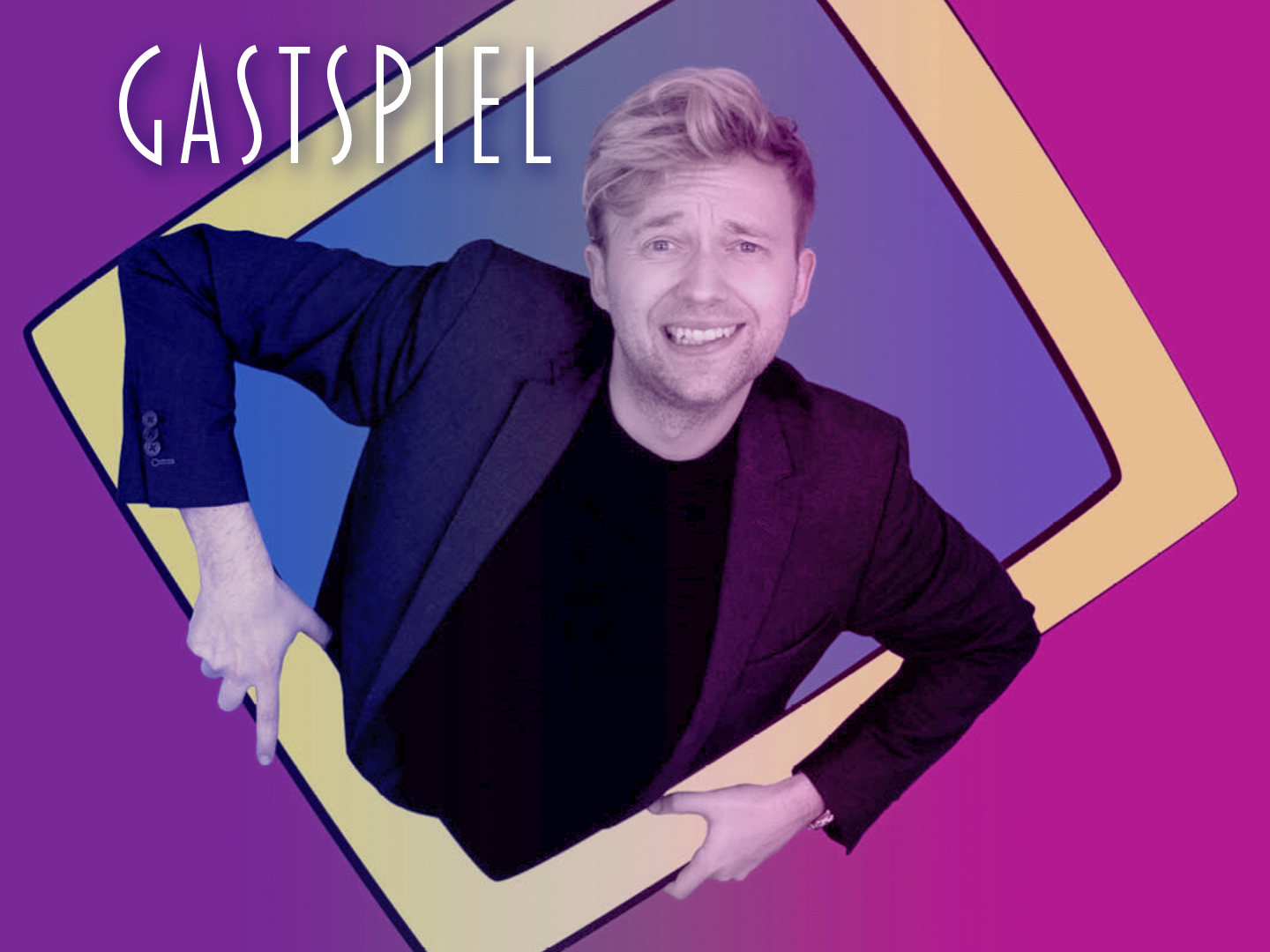 Marc Weide posiert in einem grafischen Rahmen mit einem Lächeln auf dem Gesicht.