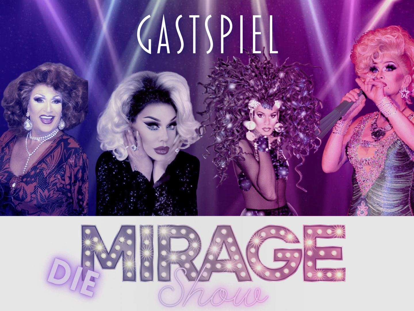 Vier Drag-Künstlerinnen in glamourösen Outfits während der Mirage Show auf einer Bühne mit Lichtern.