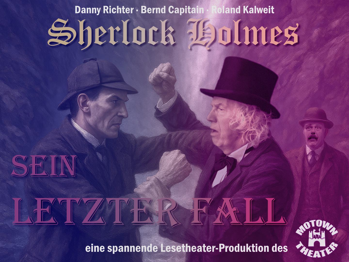 Theaterplakat für Sherlock Holmes mit den Charakteren Holmes und Watson in dramatischer Pose.