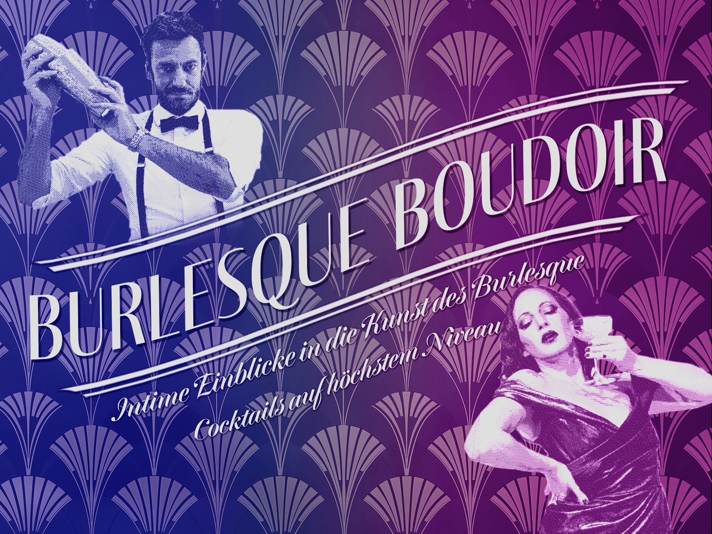 Grafik mit dem Titel 'Burlesque Boudoir', die einen Barkeeper und eine Burlesque-Tänzerin zeigt.