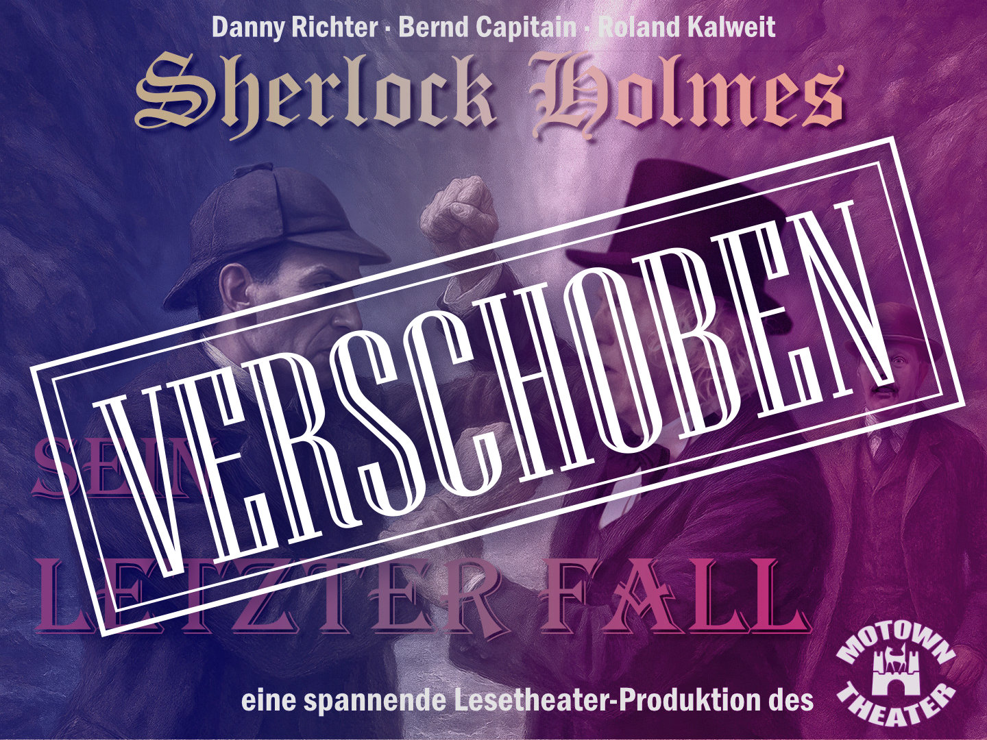 Motown Theater Poster mit Sherlock Holmes im viktorianischen Kostüm, lila Farbtöne und großformatiges Design, Logo Motown Theater sichtbar