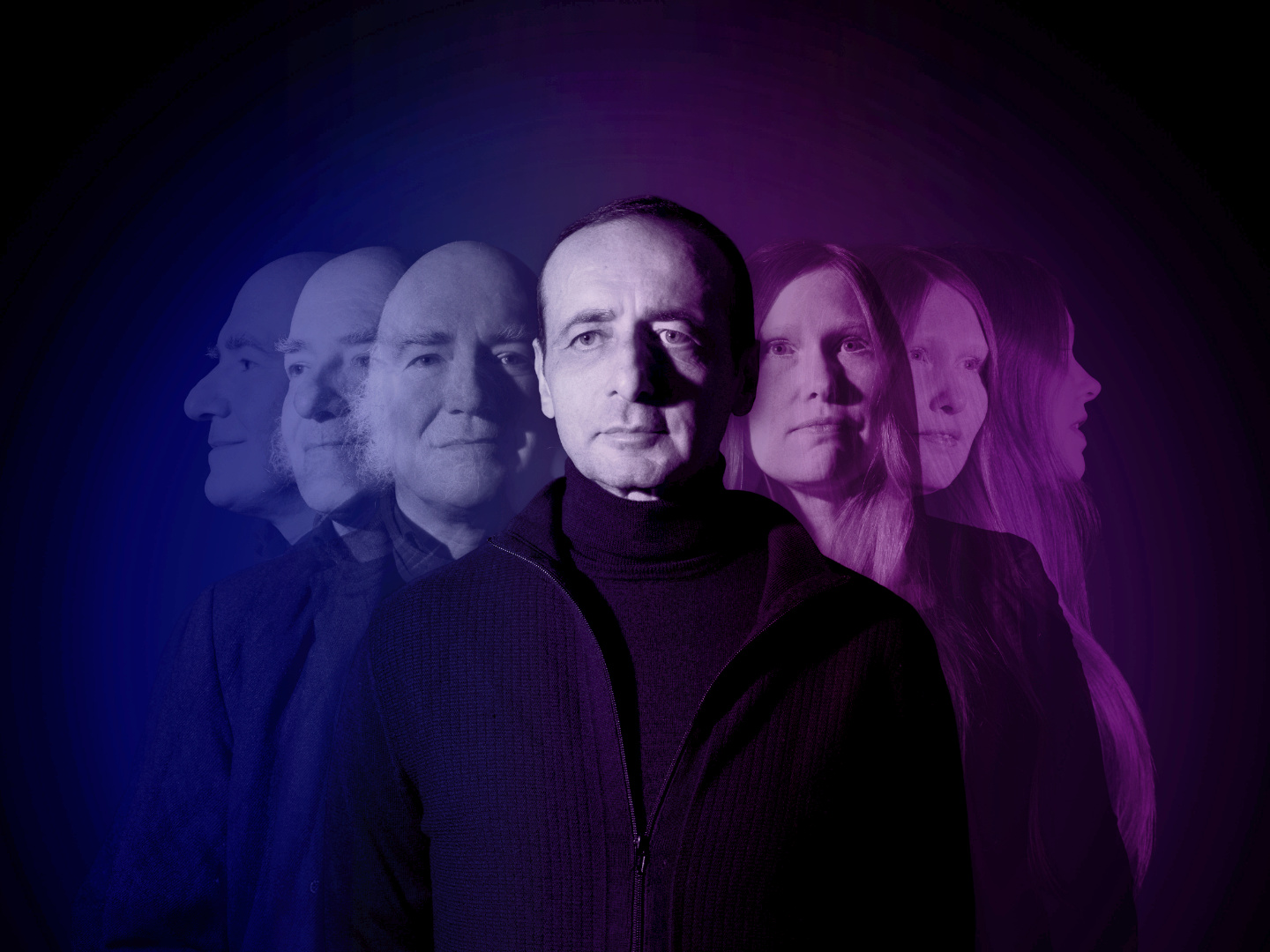 Porträt von mehreren Personen in verschiedenen Positionen vor einem lila und blauen Hintergrund.