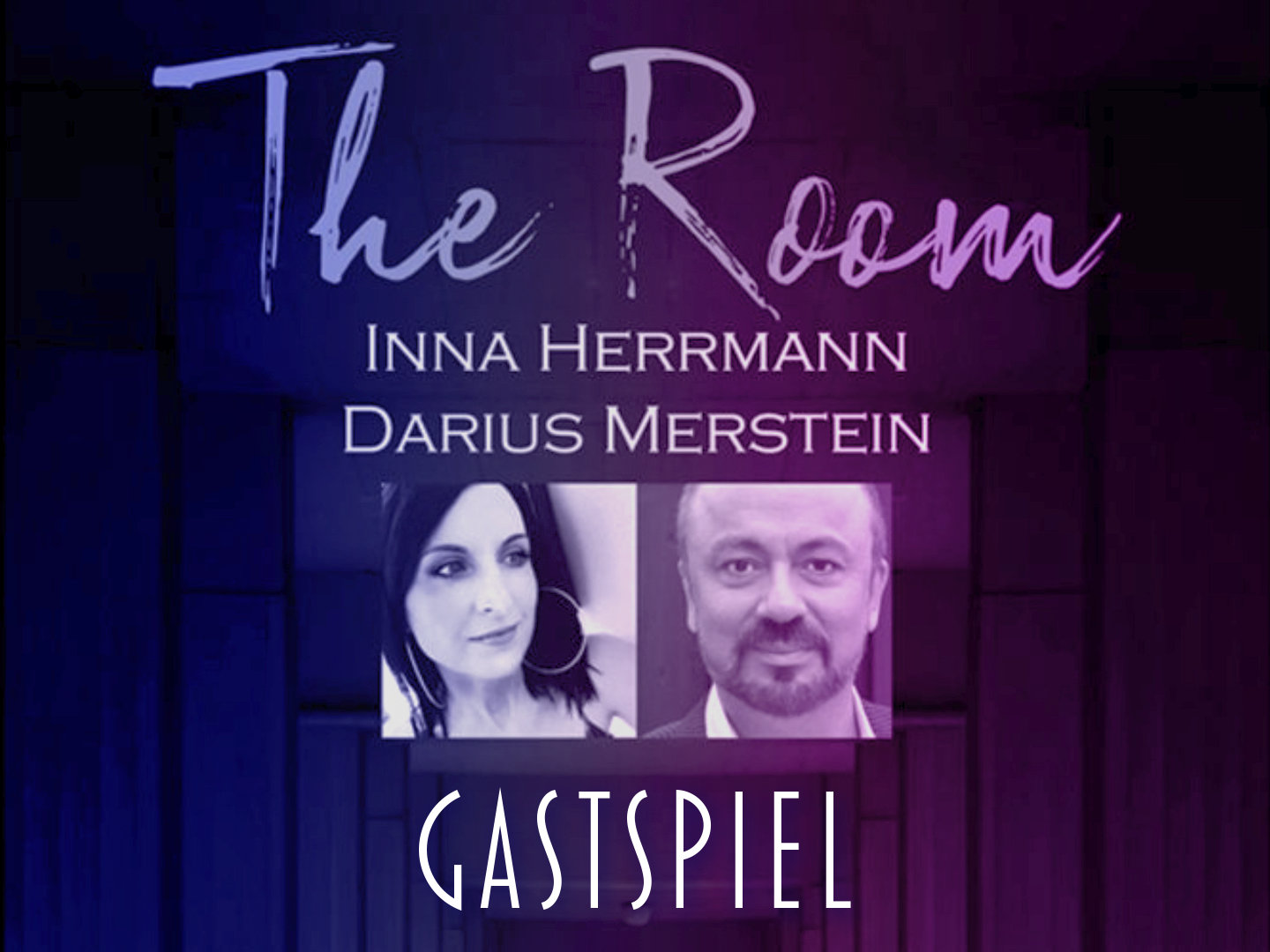 Plakat für das Gastspiel 'The Room' mit Inna Herrmann und Darius Merstein in lila und blauen Farben.